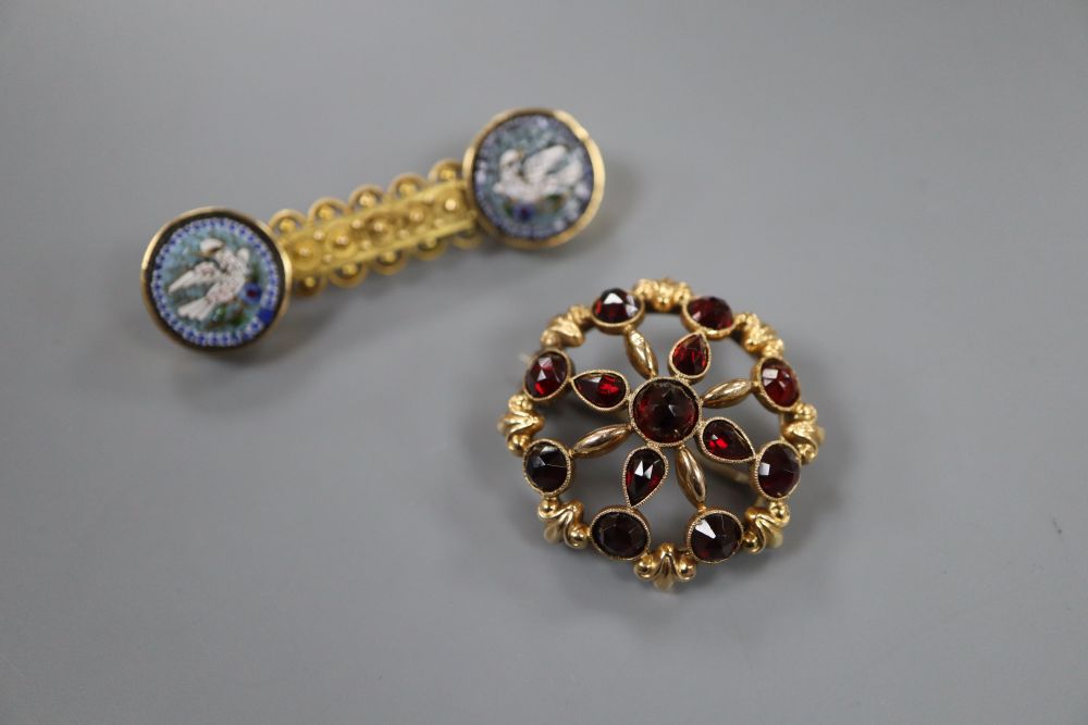 A late Victorian 15ct gold and twin circular micro mosaic panel set bar brooch & one other brooch.